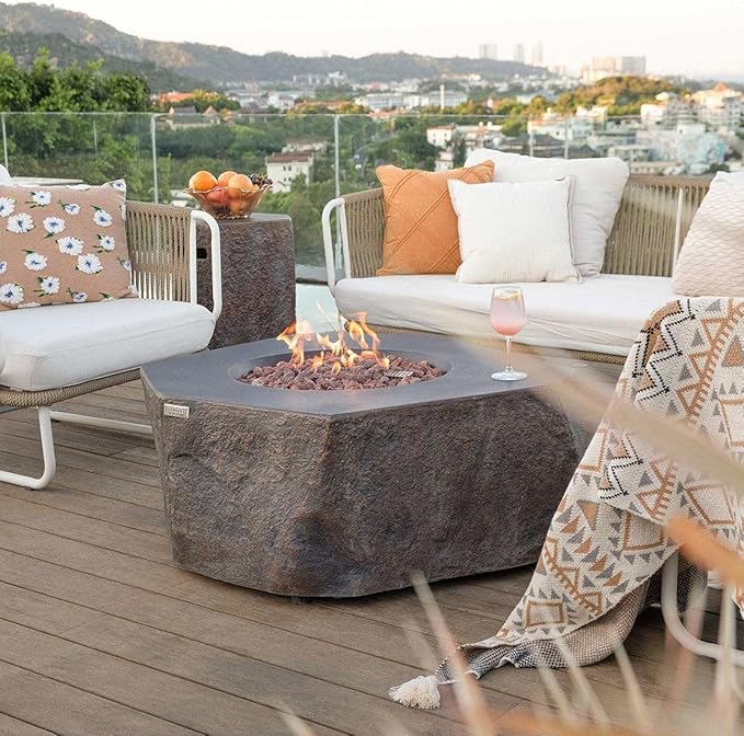 Elementi | Bundle Columbia Gas Fire Pit Cast Concrete Semi-Round Fire Table, Outdoor Fire Pit Electronic Ignition | Canvas Cover, Lava Rock Included | Propane Gas