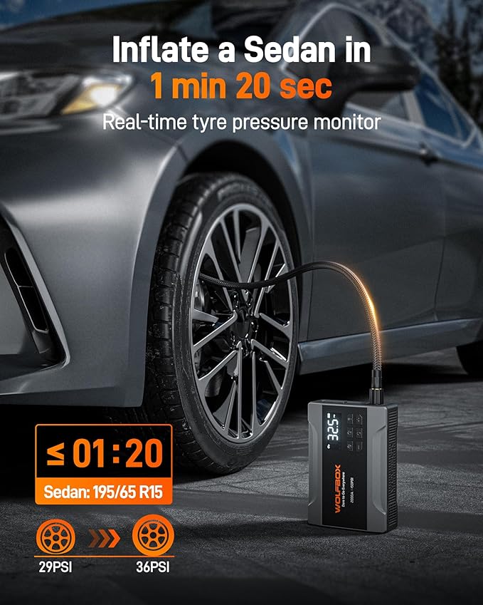 WOLFBOX 2000A Jump Starter with Air Compressor, 10000mAh Car Battery Jumper Starter Portable (up to 5L Gas Engine) with 150PSI Tire Inflator, 12V Jump Box with Jumper Cables, Boost, LED Light