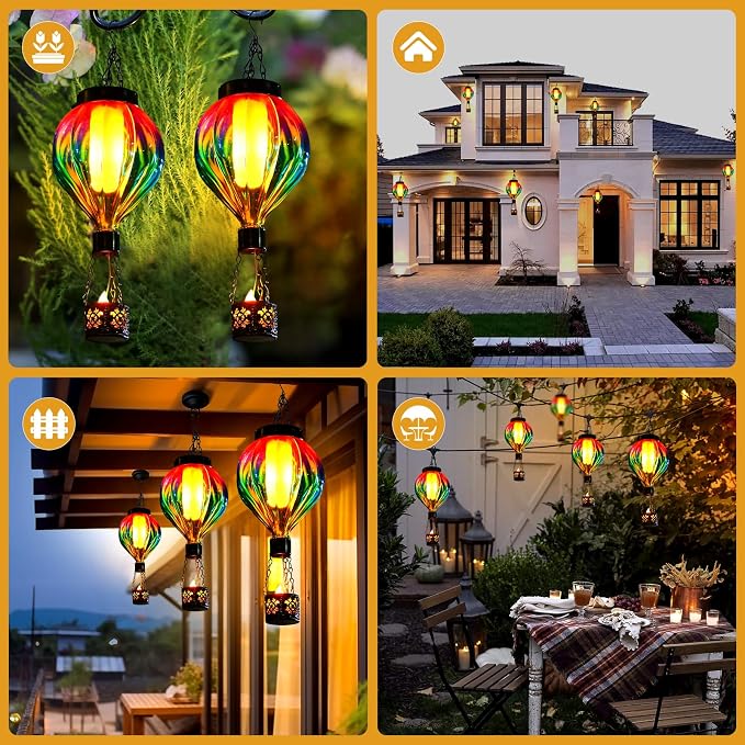 Hot Air Balloon Hanging Solar Lantern Outdoor Waterproof with Flickering Flame Gifts for Women Grandma Mom Glass Hanging Solar Lights Decorative for Outside Wall Front Porch Yard Garden Fence