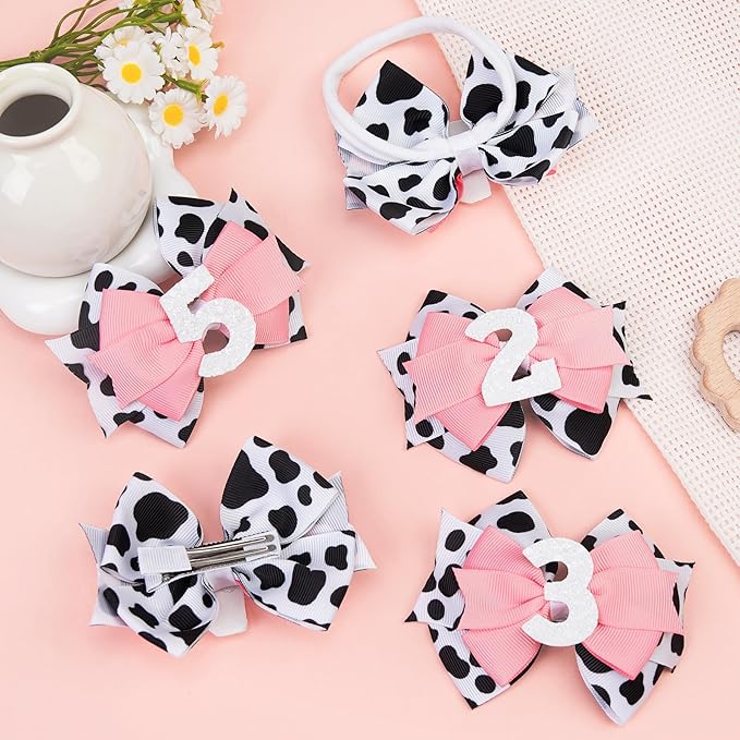 Cow Print Birthday Bow Hair Clip, Pink Farm Animal Theme 1 Year Old Hair Bow Clip Accessory for Toddler Girls Party Baby Shower Decor