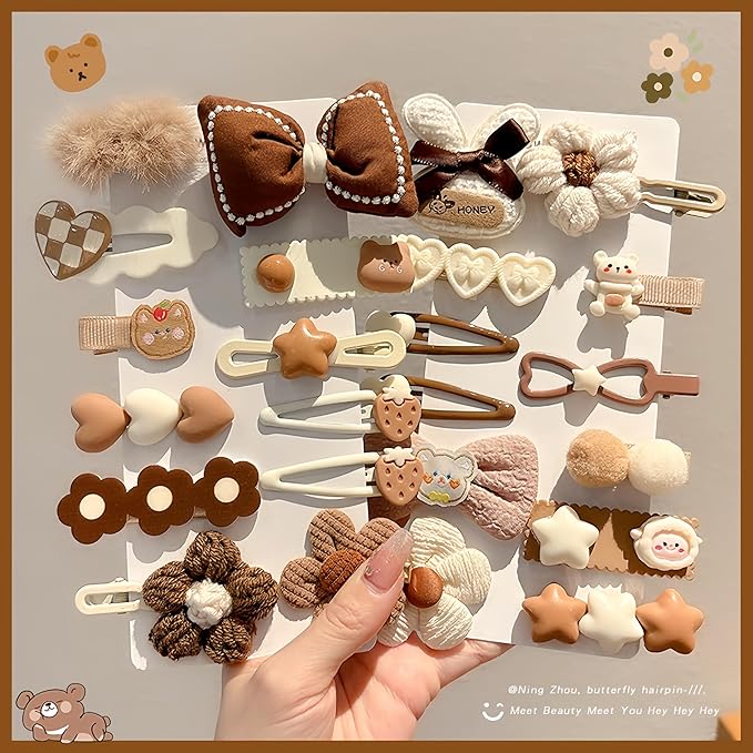 (10 Pcs) Super Cute Lovely Warm Autumn Winter Spring Theme Kid's Hairpin Flower Floral Bear Bowknot Hair Clips Hair Decoration Women Girls Salon Hairstyle Hairdressing Grip -Brown 2