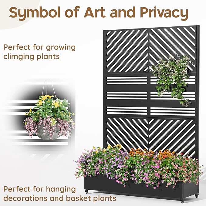 Metal Raised Garden Bed with Trellis & Wheels,72" x 47"x 15.7" Planter Box with Trellis,Privacy Planters for Patio,Garden Bed for Climbing Plants,Suitable for climbing plants and vegetables,Black