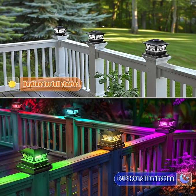 Solar Post Lights Outdoor Waterproof RGB Color Changing Modes Fence Post Cap Lights, Deck Post Lights Solar Powered for 4x4 5x5 6x6 Wooden or Vinyl Yard Garden Patio Decor, Black(4 Pack)