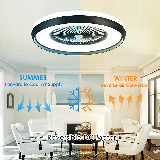 24" Bladeless Ceiling Fan with RGB Light Remote, Smart LED Ceiling Fans with Voice/App Control, Modern Low Profile Dimmable Light Ceiling Fan for Bedroom Living Room