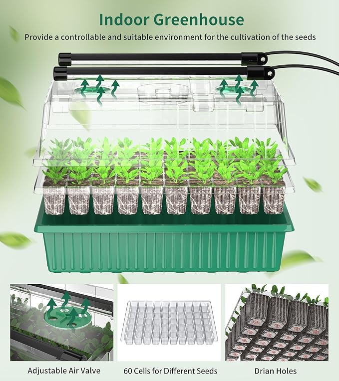 Seed Starter Tray, 120-Cells Seed Starter Kit with Grow Light, 2 Pack Reusable Seeding Starter Trays with Air Vent Humidity Domes for Greenhouse Gardening Indoor Planting Growing (Green Base)