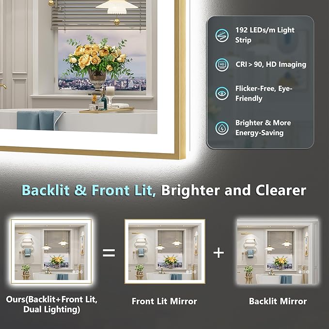 44x36 Gold LED Bathroom Mirror with Lights, Brushed Gold Framed Backlit and Front Lit Anti-Fog Lighted Vanity Mirrors for Bathroom Wall, Dimmable, 3 Colors, Memory, HD Tempered Glass, CRI＞90