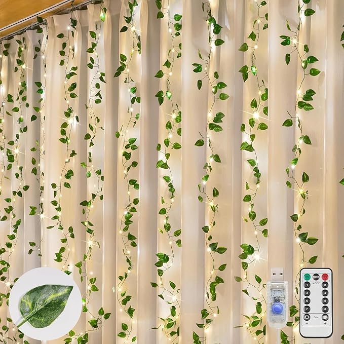suddus Vines with Lights, 200 LED Fairy Lights with Vines, Pothos Curtain String Lights with Remote for Bedroom, Dorm, Wedding, Party, Wall, Indoor, Outdoor Decor, 6.5ft x 6.5ft