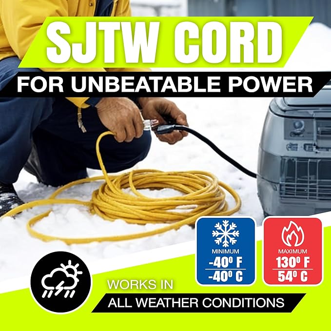 50ft Outdoor/Indoor Extension Cord 16/3 Gauge Heavy Duty 3 Prong SJTW, Waterproof, Flexible Cold-Resistant Long Power Cord,13A 125V 1625W, Yellow by LifeSupplyUSA
