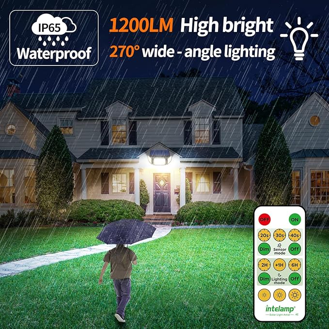 intelamp Solar Flood Lights Outdoor Waterproof, 6000mAh 1200LM Solar Powered Dual Motion Sensor LED Lighting Dusk to Dawn Security Floodlight Exterior with Remote for Outside Garden House Patio