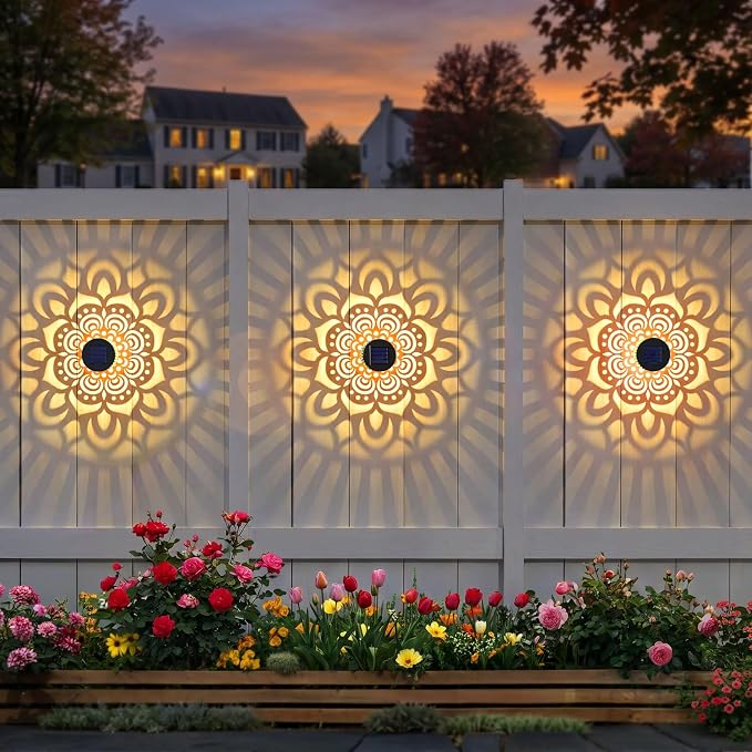 Solar Fence Lights 2 Pack Outdoor Deck Step Wall Lights Metal Waterproof LED Warm Yellow Light for Garden Post Patio Backyard Yard Decor (Mandala-1, 2)