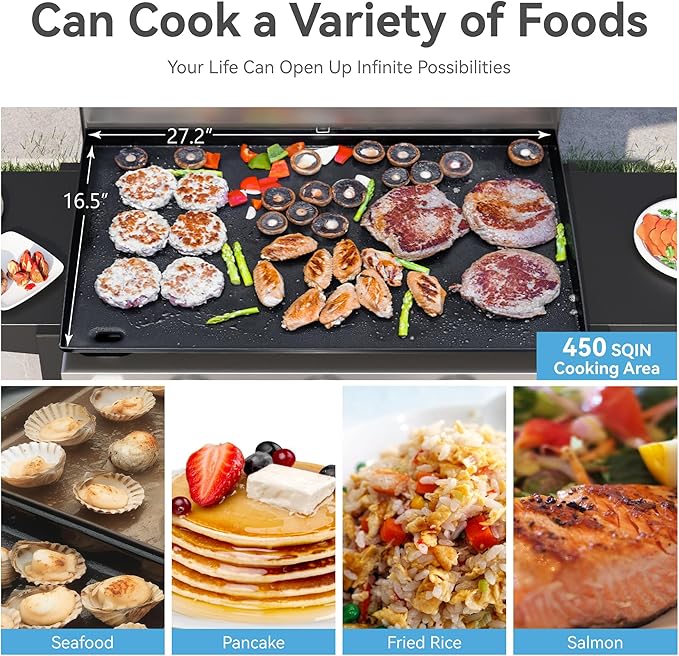 GREEN PARTY 3 Burner Propane Gas Griddle with Removable Standing Cart, Convertible to Tabletop Design, 27 inch Flat Top Grill for Outdoor Cooking Camping Tailgating Barbecue