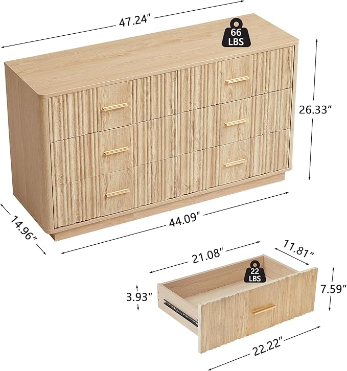 Fluted Double Dresser for Bedroom with 6 Drawers,47" Wide Modern Chest of Drawers,Curved Profile Wood Storage Dressers TV Stand,Wooden Closet Clothes Storage Organizer for Living Room Hallway, Natural