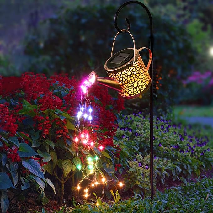 Solar Lights Outdoor Decorative, Metal Solar Watering Can Lights Waterproof, Small Hanging Gardening Decor for Yard Outside Patio Lawn, Mother’s Day Gifts, Birthday Gifts for Mom Grandma(Colorful)