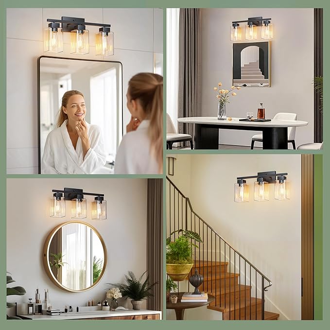 PARTPHONER 3-Light Bathroom Light Fixtures, Matte Black Modern Vanity Lights, Bathroom Lighting Fixtures Over Mirror, Square Design Farmhouse Wall Sconces with Clear Glass Shades