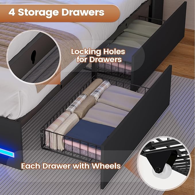 AOGLLATI Twin Bed Frame with 4 Storage Drawers & Charging Station & LED Lights, Twin Bed Frames with Stylish Bookcase Headboard, Led Bed Frame with Metal Slats, No Box Spring Needed,Black