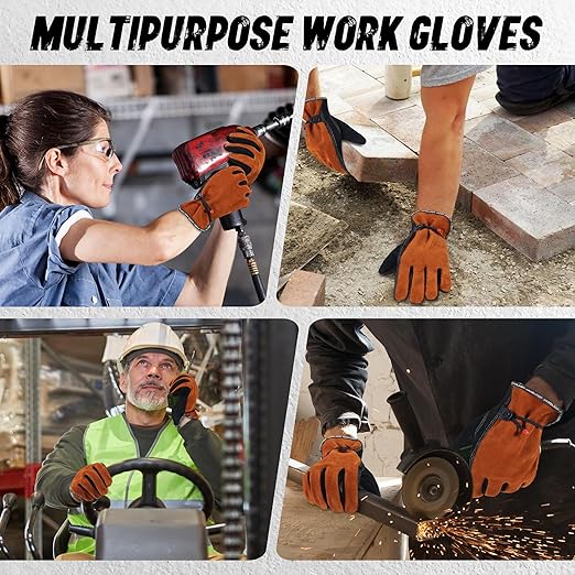 HLDD HANDLANDY 2 Pairs Leather Work Gloves for Men & Women – Cowhide Gardening Gloves, Thorn Proof, Cotton Lined, for Tig/Mig Welding, Construction, Chainsaw, Farm, Landscaping