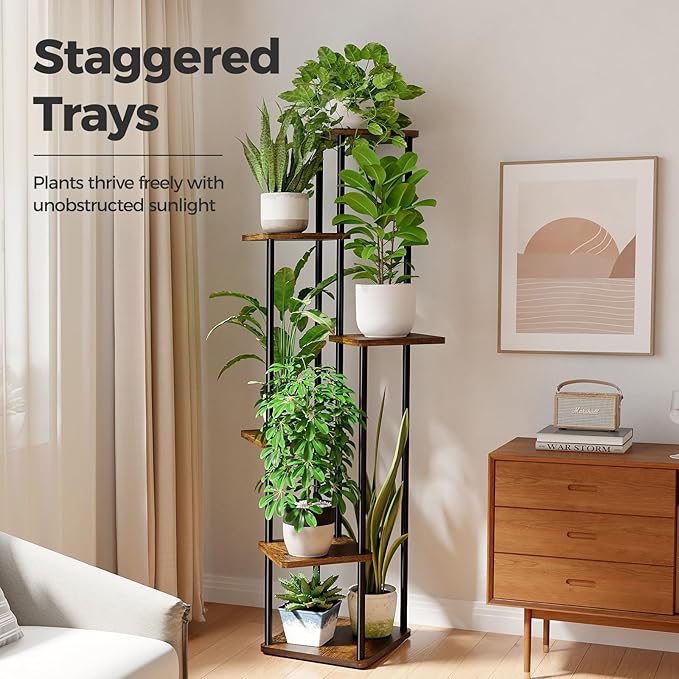 Bamworld Tall Plant Stand Indoor 6 Tier Plant Holder for Multiple Plants Corner Shelf Stand for Patio Garden Balcony Living Room Bedroom Brown