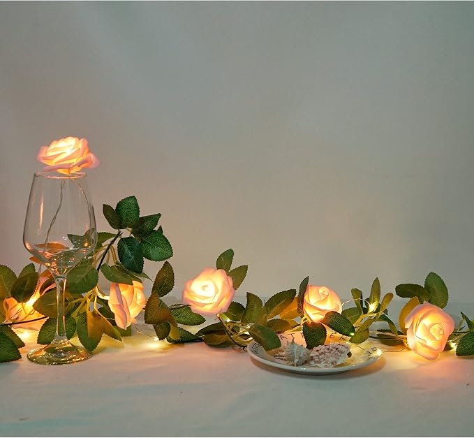 Rose Vine Lights with Remote, Battery or USB Operated Artificial Flower Garland, Hanging Fairy Lights for Bedroom Headboard, Valentine‘s Day, Wedding, Romantic Party Décor (Pink, 6.6)