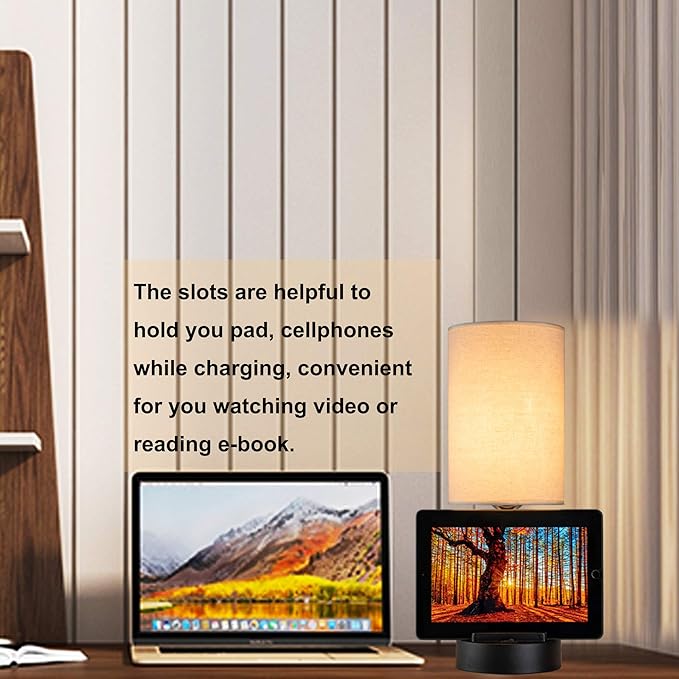 Dreamholder Table Lamp with 3 USB Charging Ports, Modern Desk Lamp with AC Outlet and Phone Stands, Perfect Bedside Lamp for Bedroom, Living Room, Office (Pack of 2), Cream