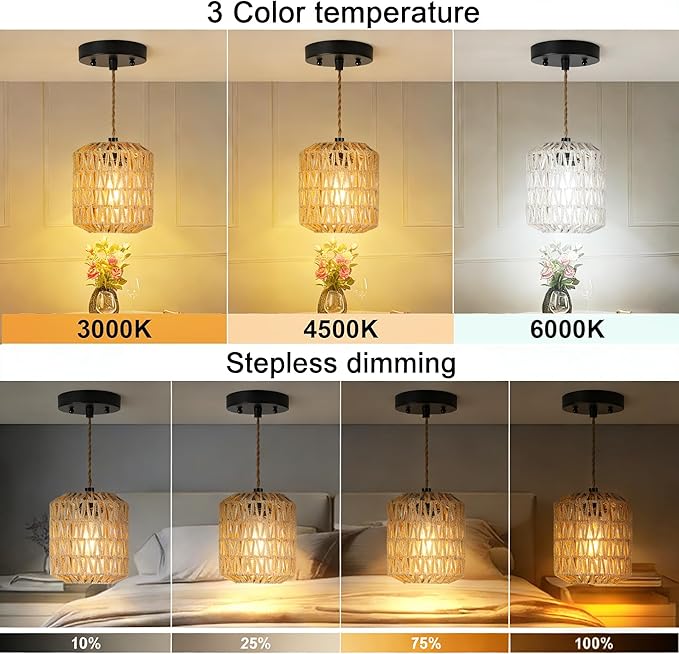 Battery Operated Pendant Light with Remote,Rechargeable Ceiling Light Fixture with 9 Colors Dimmable Bulb,Battery Powered Pendant Light for Home Decor Indoor Kitchen Island Bedroom
