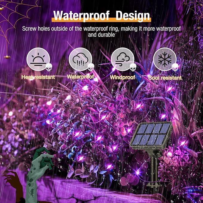 2 Pack Solar String Lights Outdoor - 160LED 66FT Halloween Solar Fairy Lights Outside Waterproof, 8 Modes Purple Solar Powered Twinkle Lighting Decorations for Tree Garden Yard Spooky Patio Party