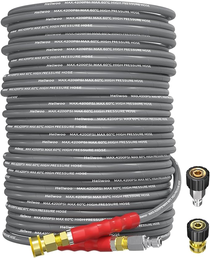 Pressure Washer Hose 200FT, 4200PSI 1/4 Inch Kink Resistant Power Washer Extension Hose, Flexible Heavy Duty Replacement Hose, Compatible with M22 14mm Fittings, High Tensile Wire Braid