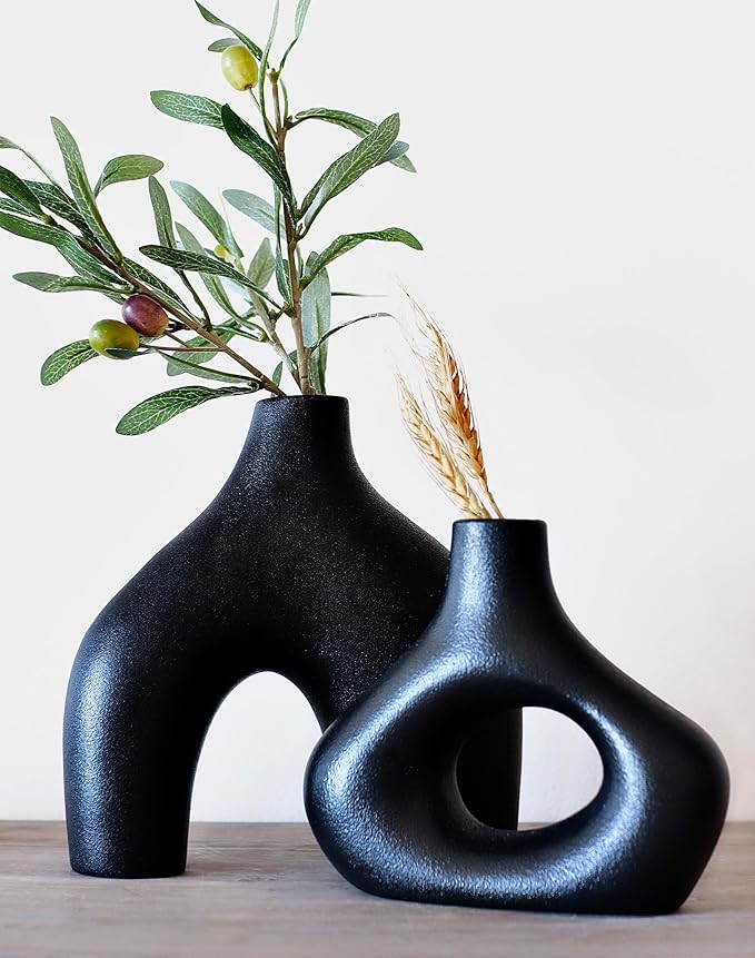 Carrot's Den Donut Vase, Set of 2 - Minimalist Nordic, White Ceramic Hollow Donut Vase Decor | Table Centerpiece, Olive Plant, Wedding, Living Room, Bookshelf, Office, Modern Home, Entryway, Console