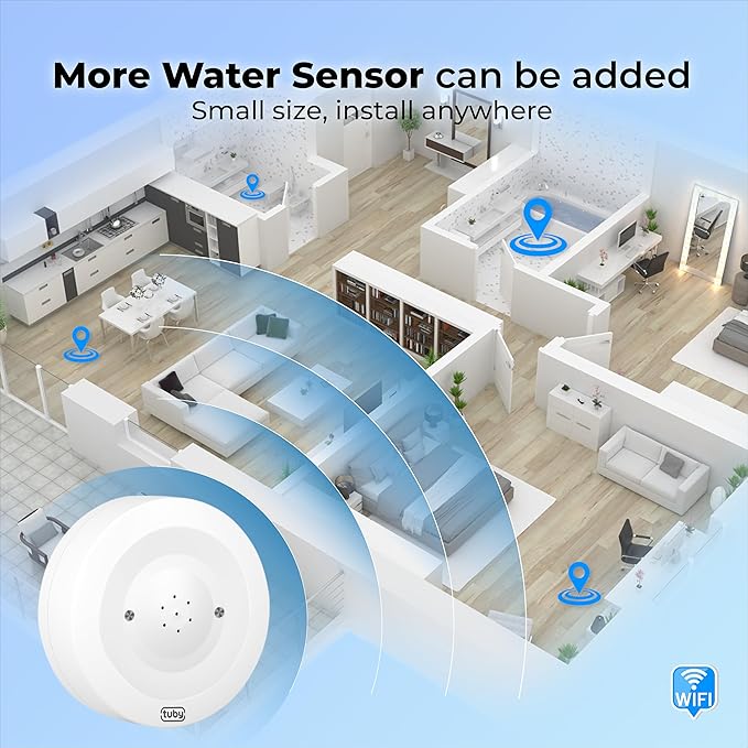 TUBY WiFi Water Leak Detector – No Hub Required, Easy Installation Smart Sensor for Home, Basement, Kitchen, Bathroom – Moisture Sensor, Wireless, IP55 80dB Alarm Flood Sensors