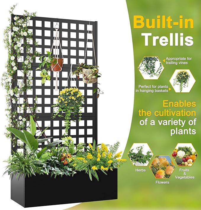 FENCY Metal Raised Garden Bed with Trellis, Metal Planter Box with Trellis, Garden Box for Climbing Plants Vegetable, 35''Lx16''Wx71''H Garden Bed with Drainage Holes(Black)