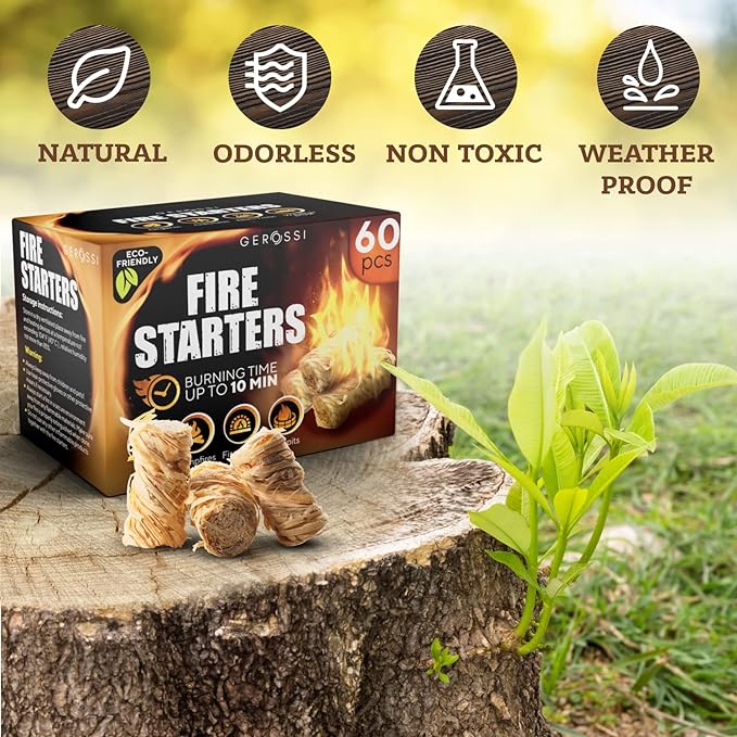 Fire Starter - Natural Pine Fire Starters for Fireplace, Campfires, Grill, Wood & Pellet Stove, Chimney, Fire Pit, BBQ, Smoker - 60 Pack w/10 Min Burning Time - All Weather & Odorless Firestarter