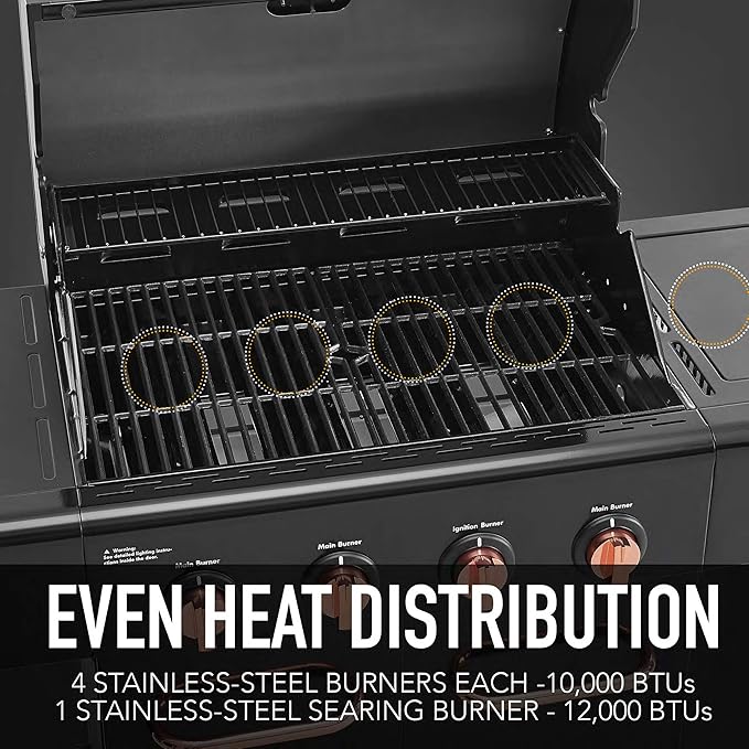 Kenmore 4-Burner BBQ Gas Grill with Searing Side Burner, Propane Grill, 52,000 BTUs, Warming Rack, Electronic Ignition & Cast Iron Cooking Grates, Black/Copper
