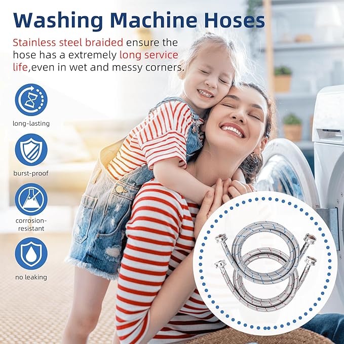 Stainless Steel Washing Machine Hoses 4FT Washer Hoses 3/4" NPT Connection Red and Blue Water Supply Lines by Fetechmate Hot and Cold Washer Hoses (2 Pack) - 10 YEAR WARRANTY