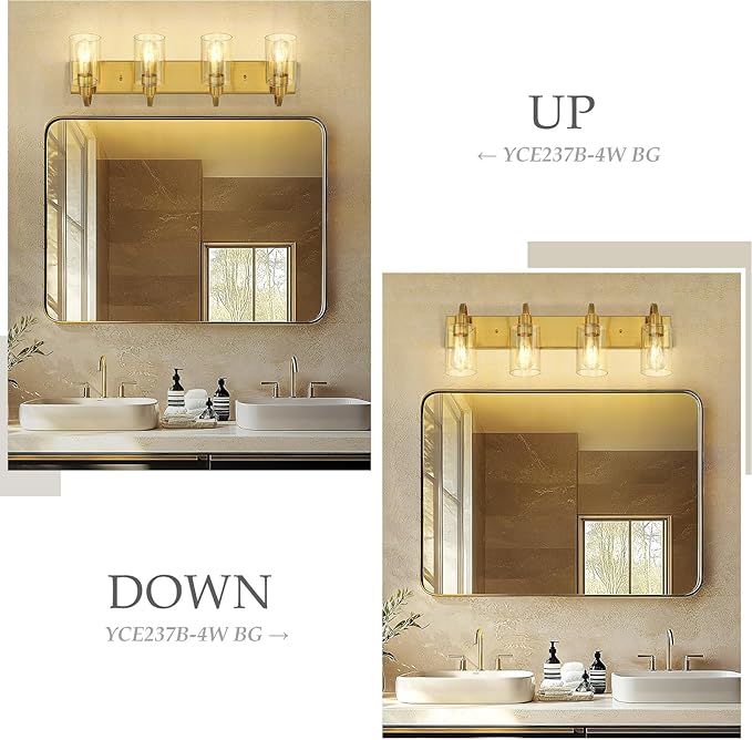 Emliviar 30 Inch Gold Vanity Light, 4-Light Bathroom Light Fixtures with Clear Glass Shade, Brushed Gold Finish, YCE237B-4W BG