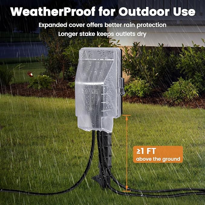 SURAIELEC Outdoor Power Stake Timer Waterproof, 100FT Wireless Remote Control, Photocell Dusk to Dawn Timer, 6 Electrical Outlets, 6FT Extension Cord, for Halloween Decoration, Outdoor Lights, Garden