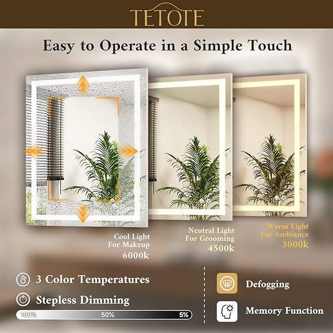 TETOTE 84 x 40 LED Lighted Bathroom Mirror with Lights Wall Mounted, Brighter Front and Backlit Led Vanity Mirror, 3-Color Dimmable Light up Anti Fog Mirror, Waterproof, Shatterproof Tempered Glass