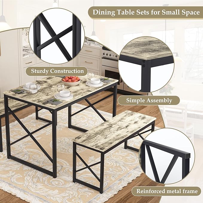 VECELO Kitchen Dining Table Benches Set for 4, 43.3" Wooden Dinette with 2 Benches, Heavy-Duty Dining Room Table for Small Space, Breakfast Nook, Grey