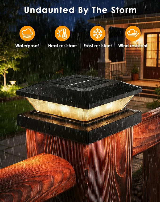 4x4-Solar-Post-Cap-Lights-Outdoor 16 Pack Solar Powered Fence Post Lights 3 Lighting Modes Deck Postcap Light for 3.5x3.5 4x4 Wood/Vinyl Posts LED Waterproof Garden Patio Porch Posts Lighting Black