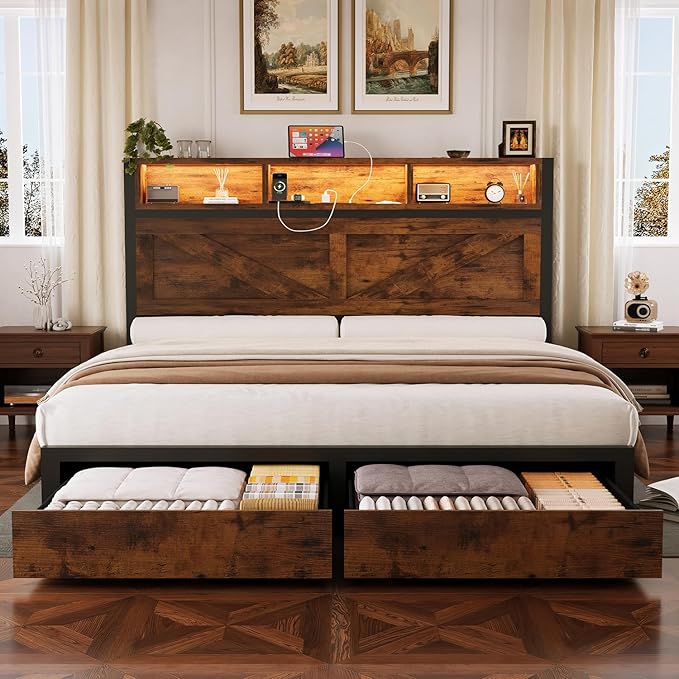 Farmhouse Queen Bed Frame with Bookcase Storage Headboard, Charging Station, LED Light and 2 Storage Drawers, Noise Free, No Box Spring Needed, Brown