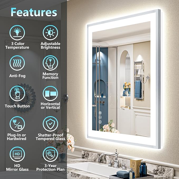 24x32 Brushed Nickel LED Bathroom Mirror with Lights, Sliver Framed Backlit and Front Lit Anti-Fog Lighted Vanity Mirrors for Bathroom Wall, Dimmable, 3 Colors, Memory, Tempered Glass, CRI＞90