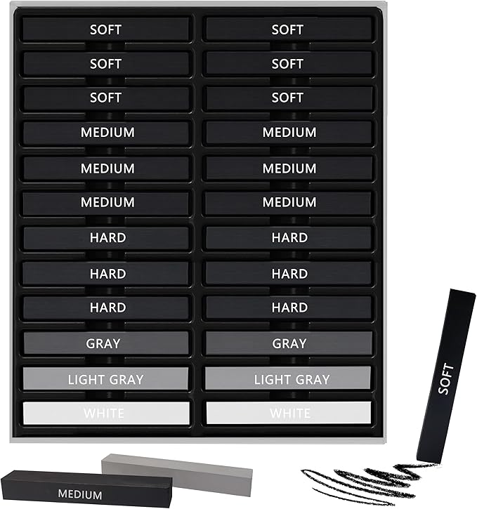 24 Pcs Compressed Charcoal Sticks with Soft, Medium, Hard and White Charcoal, Square Vine Charcoal Stick Kit for Drawing, Sketching and Shading, Art Supplies for Artists Beginners