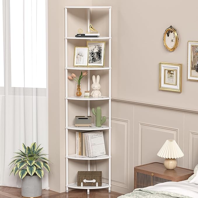 7 Tier Corner Shelf Stand Kitchen Organizer with Metal Frame for Organization & Storage Corner Shelves Kitchen Decor Accessories Marble White 64.7"