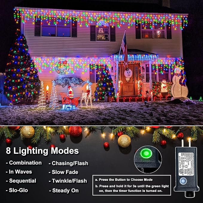 Icicle Lights for Outside - 16.5FT 200 LED Icicle Christmas Lights Outdoor Waterproof, 8 Modes Plug In Connectable Curtain String Light for Indoor Patio Roof Party Holiday Decorations, Multicolor
