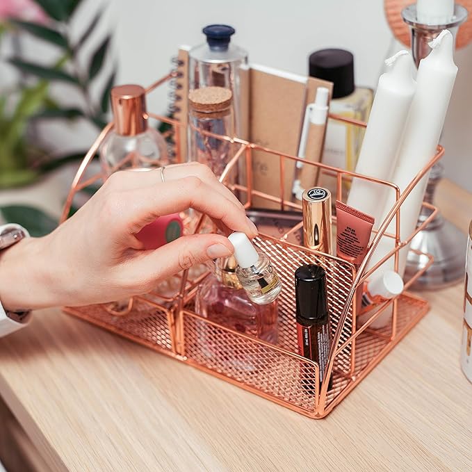 Rose Gold Desk Organizer for Women Cute Home Office Accessories & Supplies Decor, Girly Desktop Stationary Essentials Organization Set, Mesh Caddy Storage 5 Compartments +1 Mini Sliding Drawer