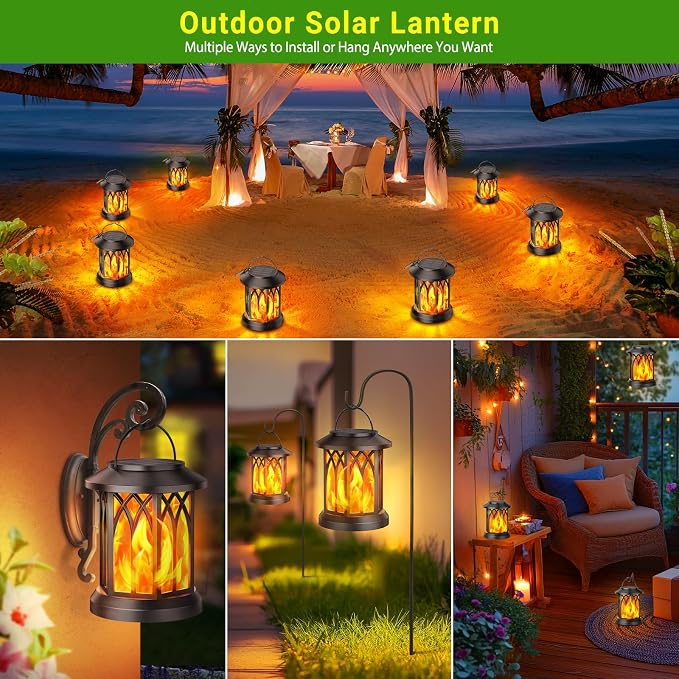 KOOPER Hanging Solar Lights Lantern Outdoor, Flickering Flames Solar Outdoor Lights, Solar Lanterns Outdoor Waterproof with Bigger Panel, Lanterns Decorative Outdoor for Yard Garden Decor, 2 Pack