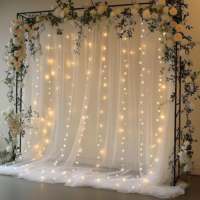 10x10ft White Tulle Backdrop Curtain with Lights String Sheer Drapes for Wedding, Birthday, Baby Shower, Bridal Shower, Photo Booth, Party, Home Decor (2 Panels, White)