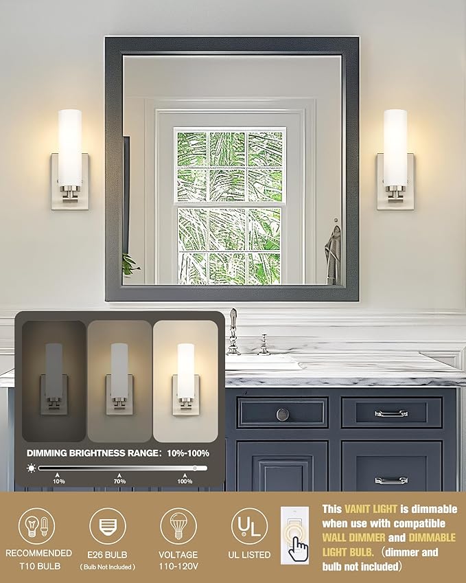 Emak Brushed Nickel Wall Sconces, 2 Light Bathroom Light Fixtures with Milk Glass Shade, Modern Wall Lights for Bathroom, Mirror, Living Room, Bedroom, Gallery, WS086-BN-ML-2PK