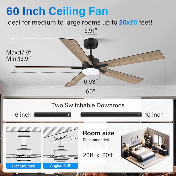 52” Smart Ceiling Fan with Lights Remote,Ultra Silent DC Motor,Control via Alexa Google Voice App Wifi,Outdoor Indoor Modern Ceiling Fans for Bedroom Patio Porch,Dimmable,Black Walnut Brown