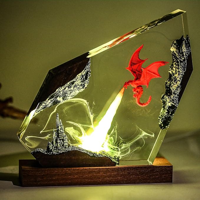 Epoxy Fire Dragon Resin Lamp, Handmade Resin Night Light with USB Port, Multi-Color LED Light, Ideal Home Bedroom Decor, Unique Birthday Holiday Gifts for Father Men Husband Boyfriend Him (10"x6")