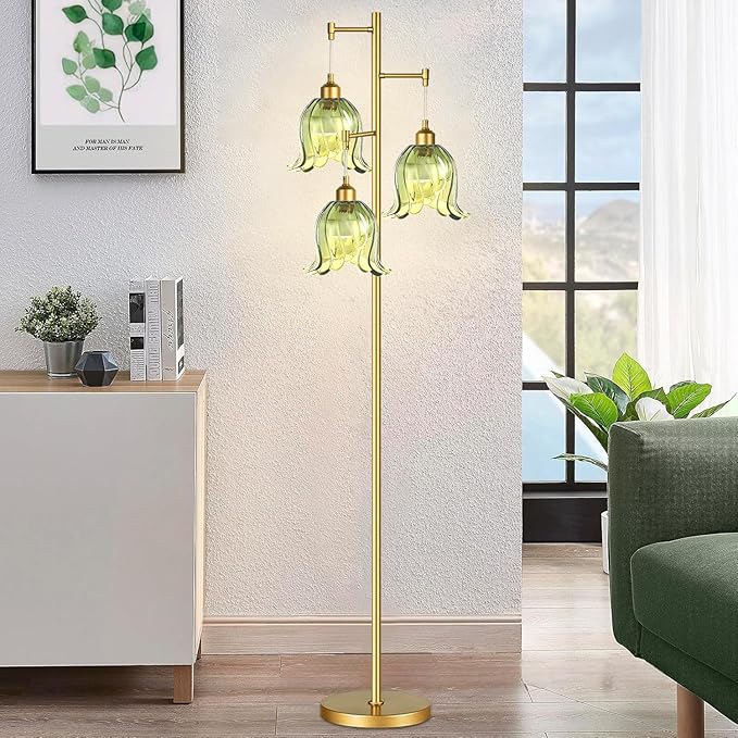 Gold Floor Lamp for Living Room,Bedroom,Tree 3 Light Standing Lamp Mid Century Modern Brass Tall Floor Lamps Vintage Retro Floor Lights Green Glass Flower Lamp Shade Farmhouse Boho Bohemian