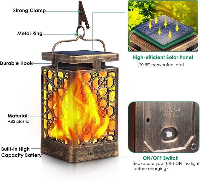 TomCare Solar Lights Upgraded Solar Lantern Flickering Flame Outdoor Hanging Lantern Decorative Lighting Solar Powered Waterproof LED Flame Umbrella Lights for Patio Garden Deck, 2 Pack(Bronze)